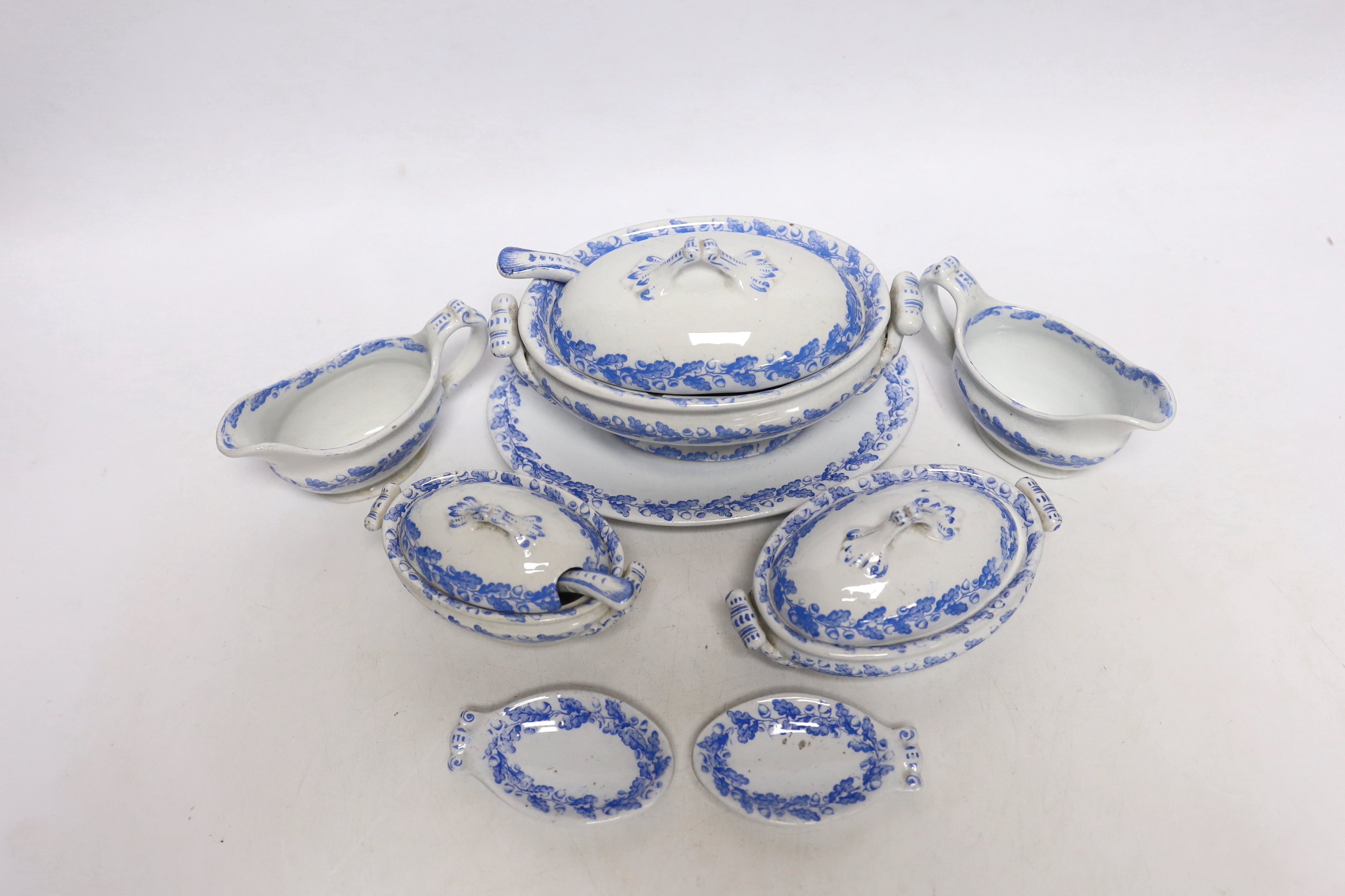 A mid 19th century Staffordshire blue and white child’s toy dinner service, largest 17cm wide (7)